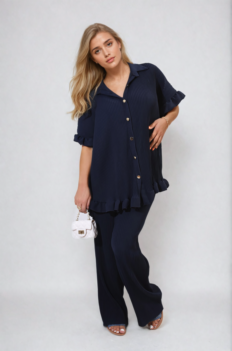 Button Pleated Frill Ruffle Top and Wide Leg Trouser Co-ord Set Moda