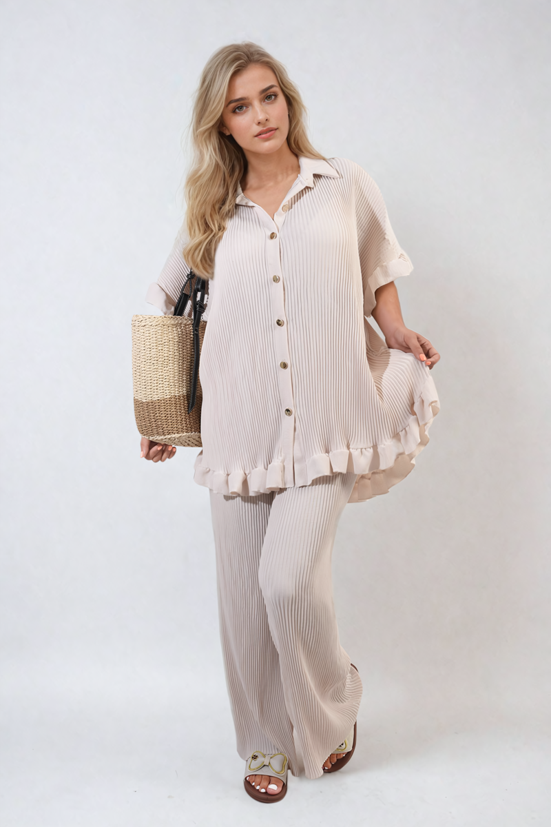 Button Pleated Frill Ruffle Top and Wide Leg Trouser Co-ord Set Moda