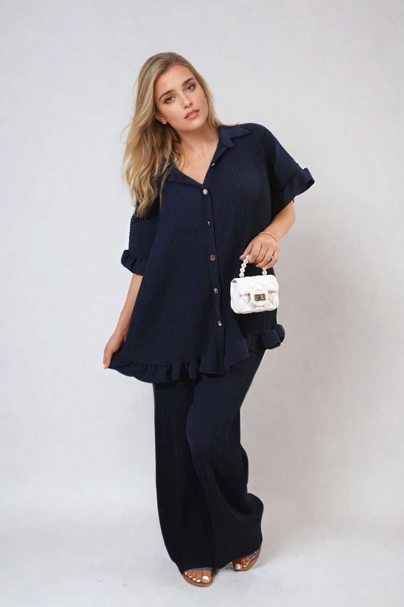 Button Pleated Frill Ruffle Top and Wide Leg Trouser Co-ord Set Moda