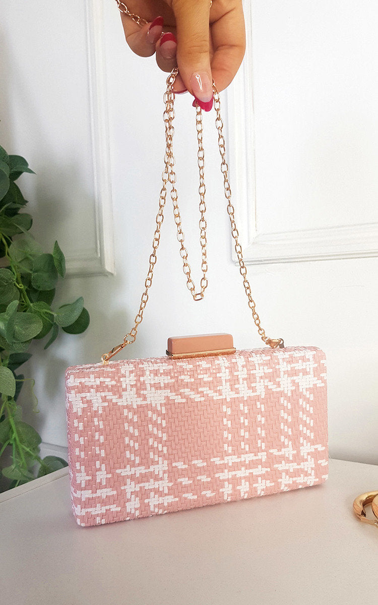 Woven Box Clutch with Long Strap Detail Moda