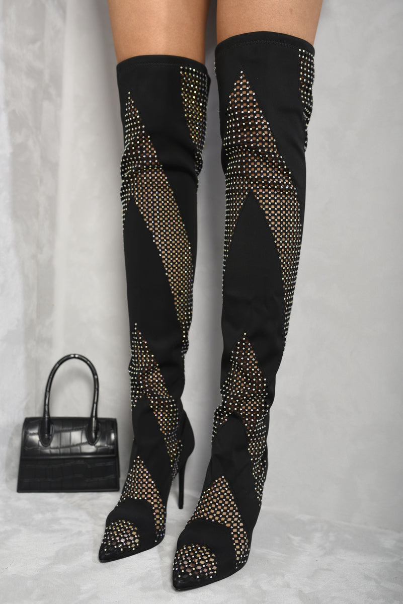 Rhinestone Mesh Knee High Boots