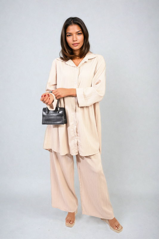 Oversized Collared Button Down Long Sleeve Top and Trouser Co-ord Set Moda