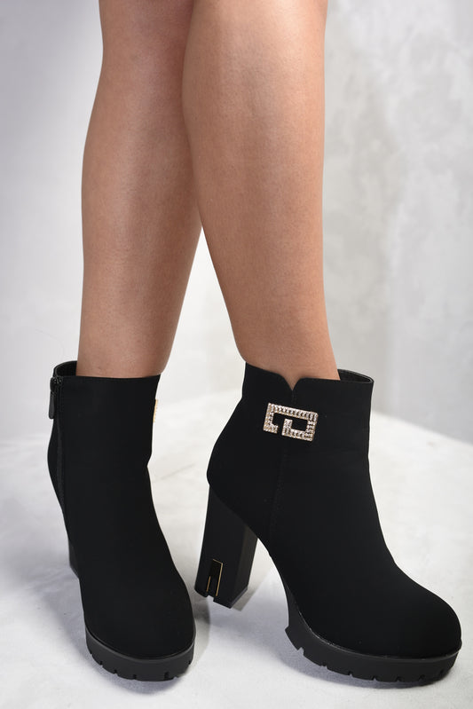 Soft Faux Suede Diamante Detail Chunky Ankle Boots