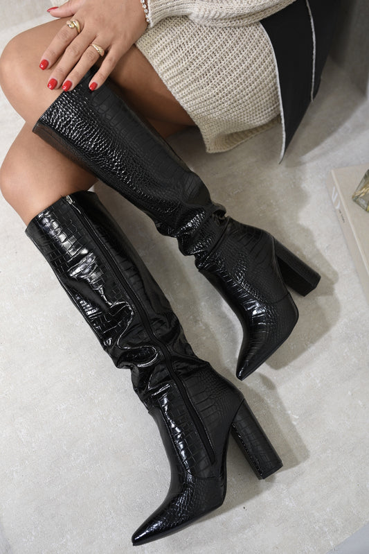 Croc Print Knee High Pointed Toe Block Heel Boots