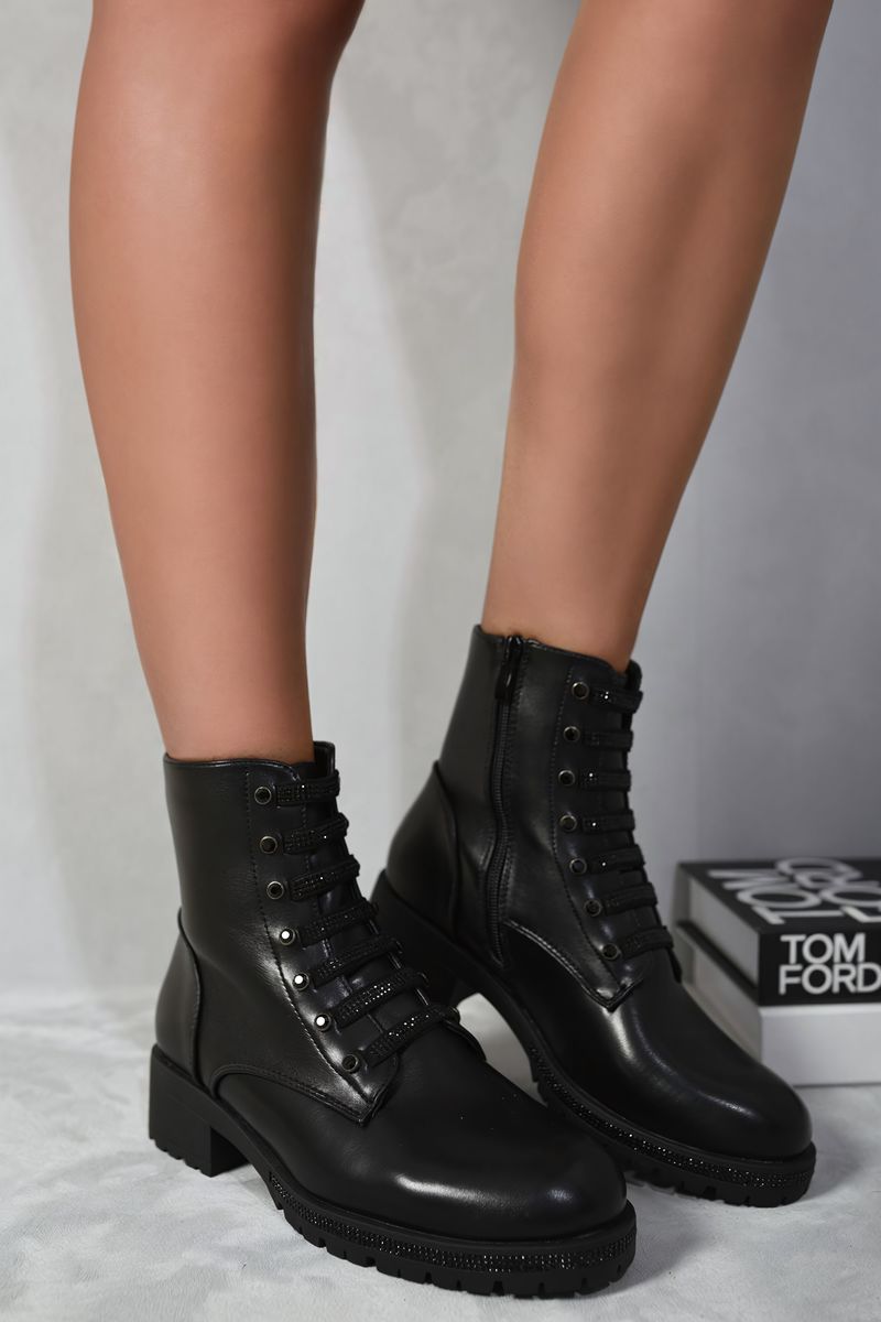 Lace Up Glitter Ankle Boots Moda