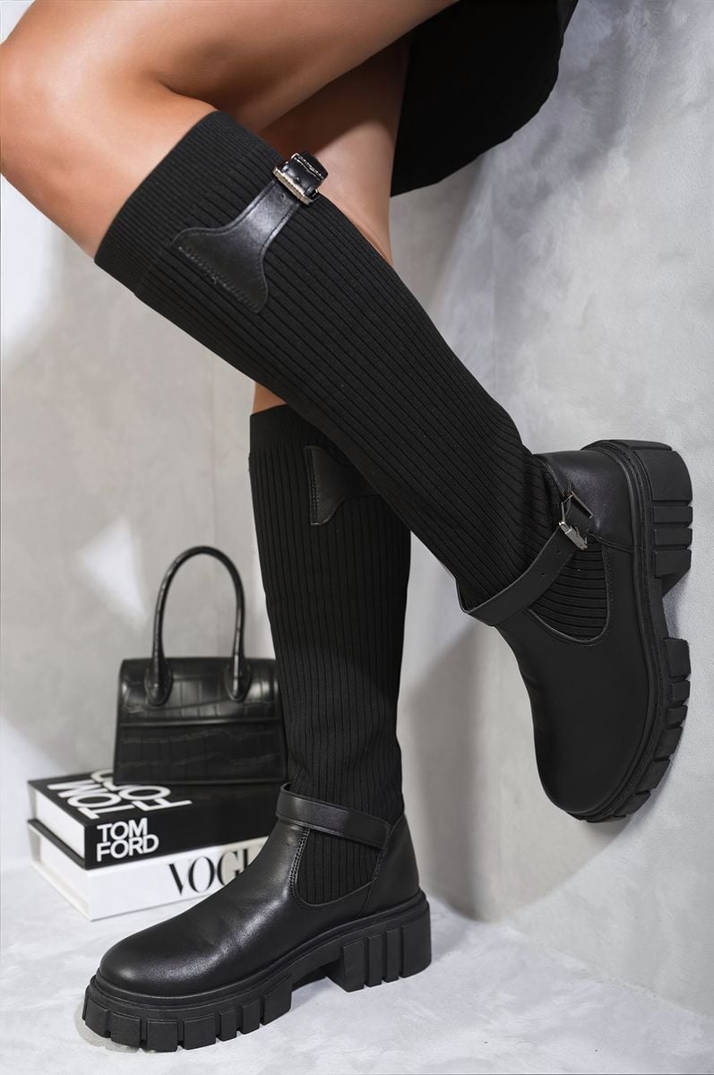 Stretch Knee High Chunky Sock Boots Moda