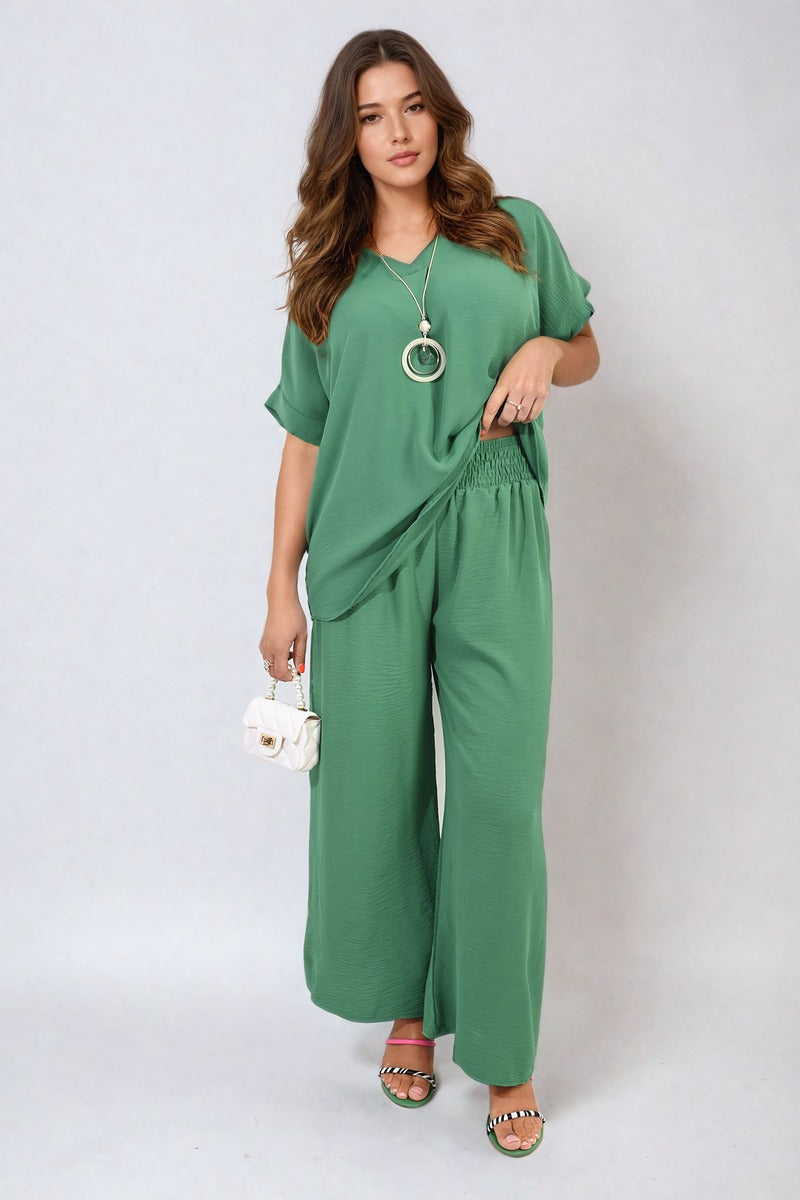 V-Neck Top and Wide Leg Trousers Co-ord Set Moda