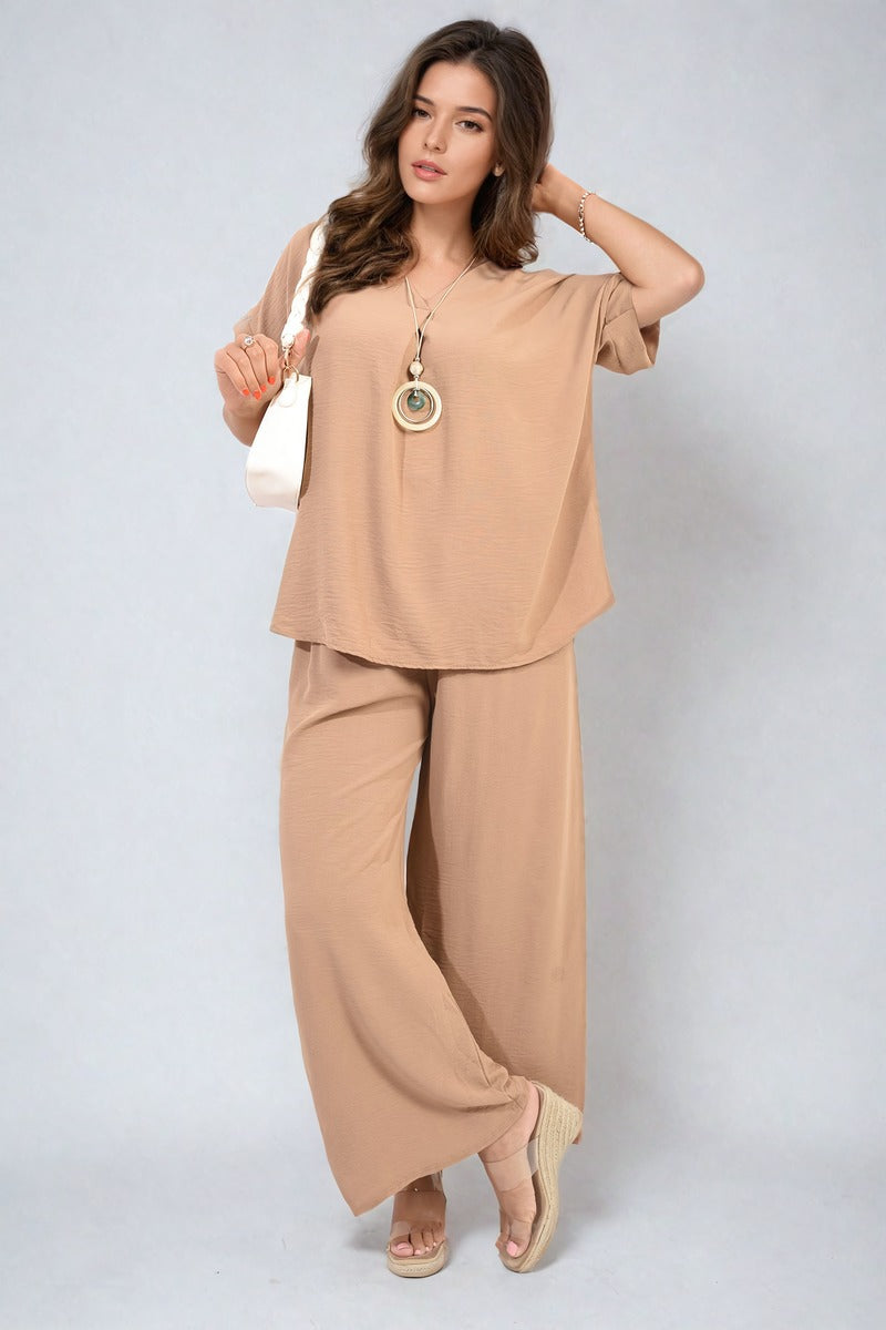 V-Neck Top and Wide Leg Trousers Co-ord Set Moda