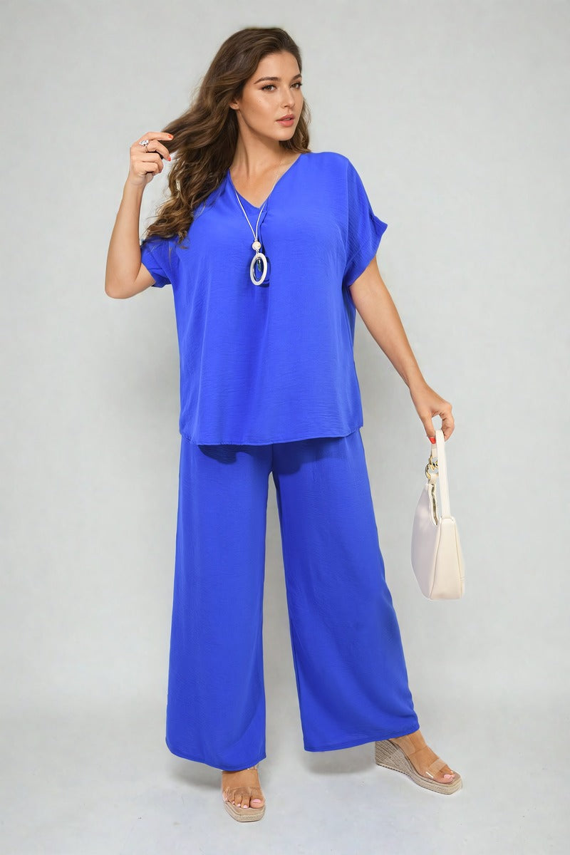 V-Neck Top and Wide Leg Trousers Co-ord Set Moda