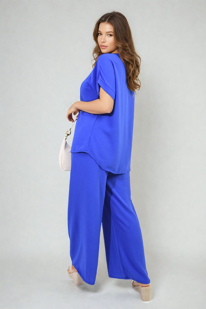 V-Neck Top and Wide Leg Trousers Co-ord Set Moda