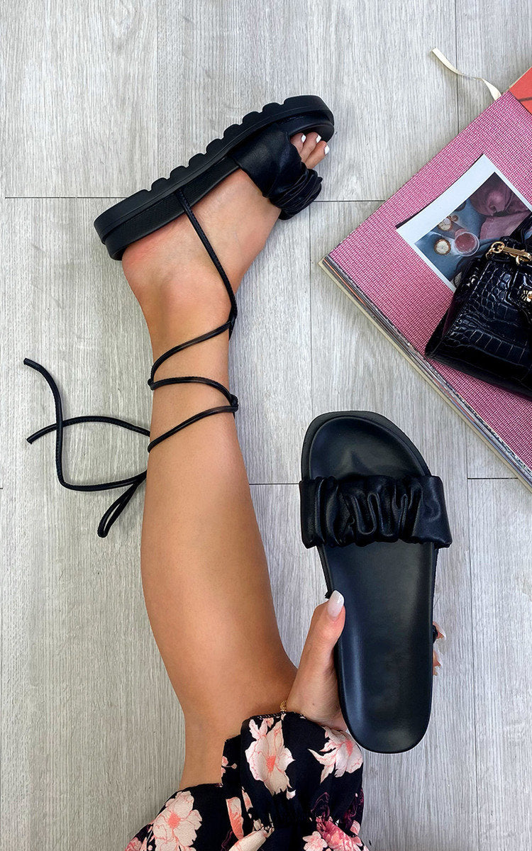 Faux Leather Lace Up Chunky Sandals