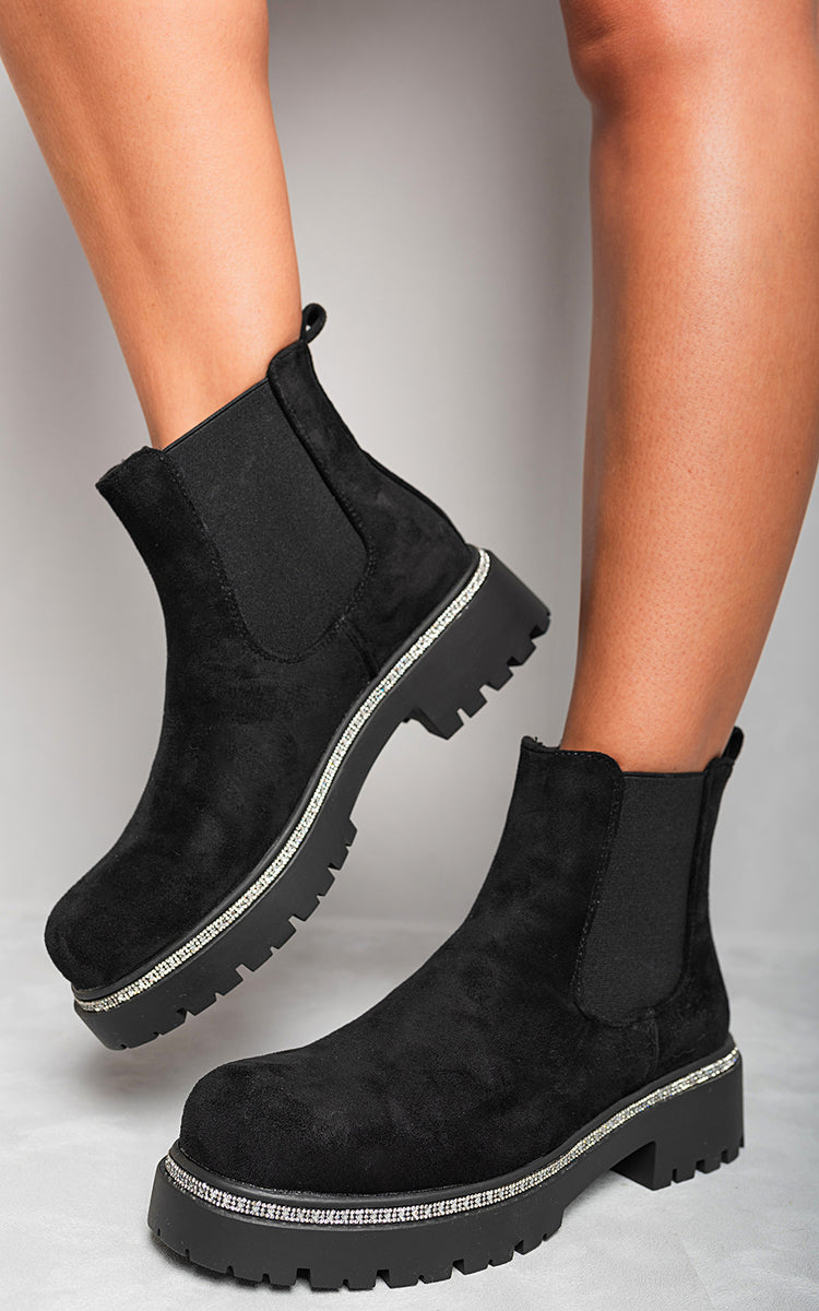 Faux Suede Diamante Chelsea Ankle Boots Moda