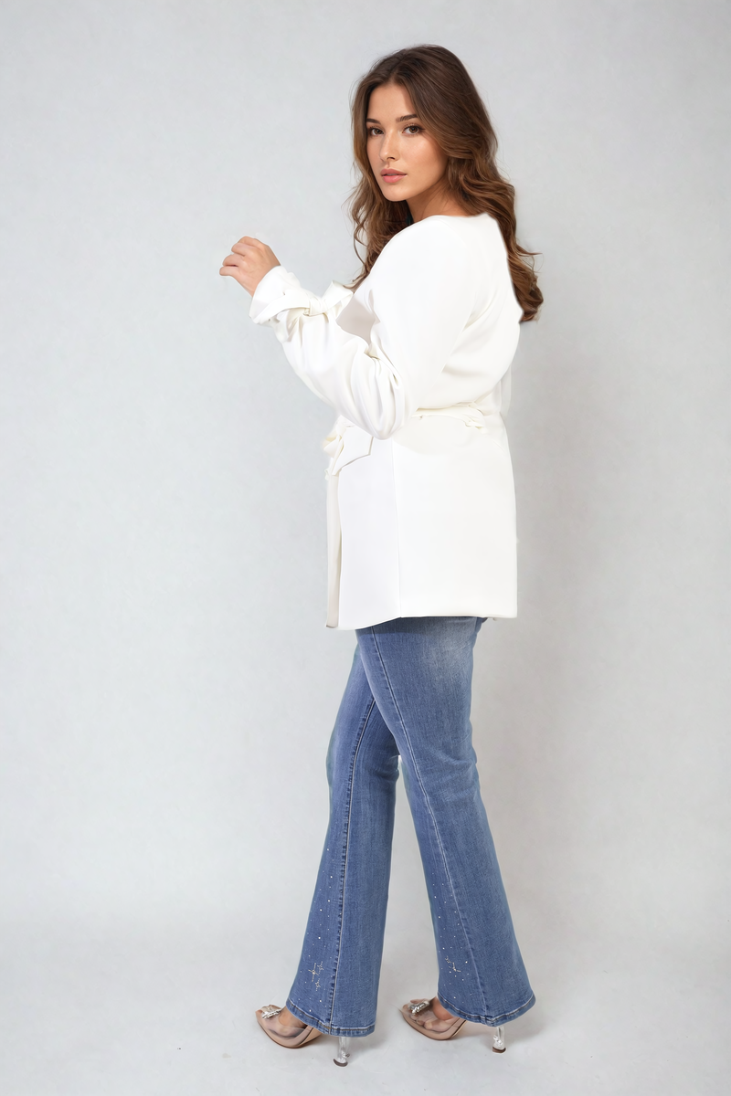 Collared Long Sleeve V-Neck Belted Blazer Jacket Moda