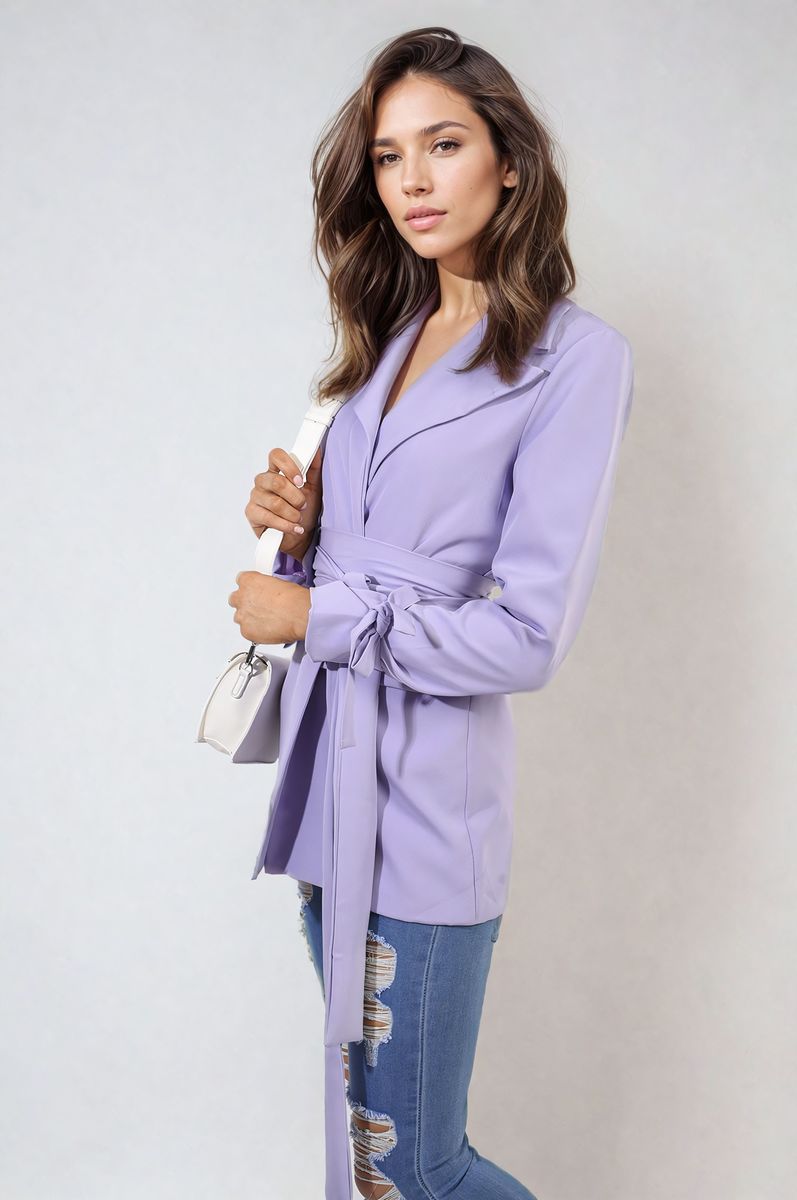 Collared Long Sleeve V-Neck Belted Blazer Jacket Moda