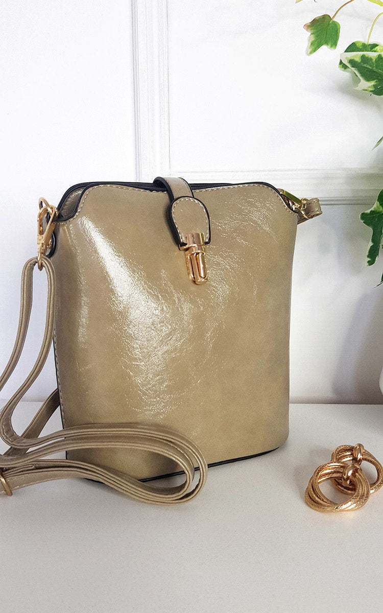 Faux Leather Crossbody Bag with Gold Detail and Adjustable Strap Moda