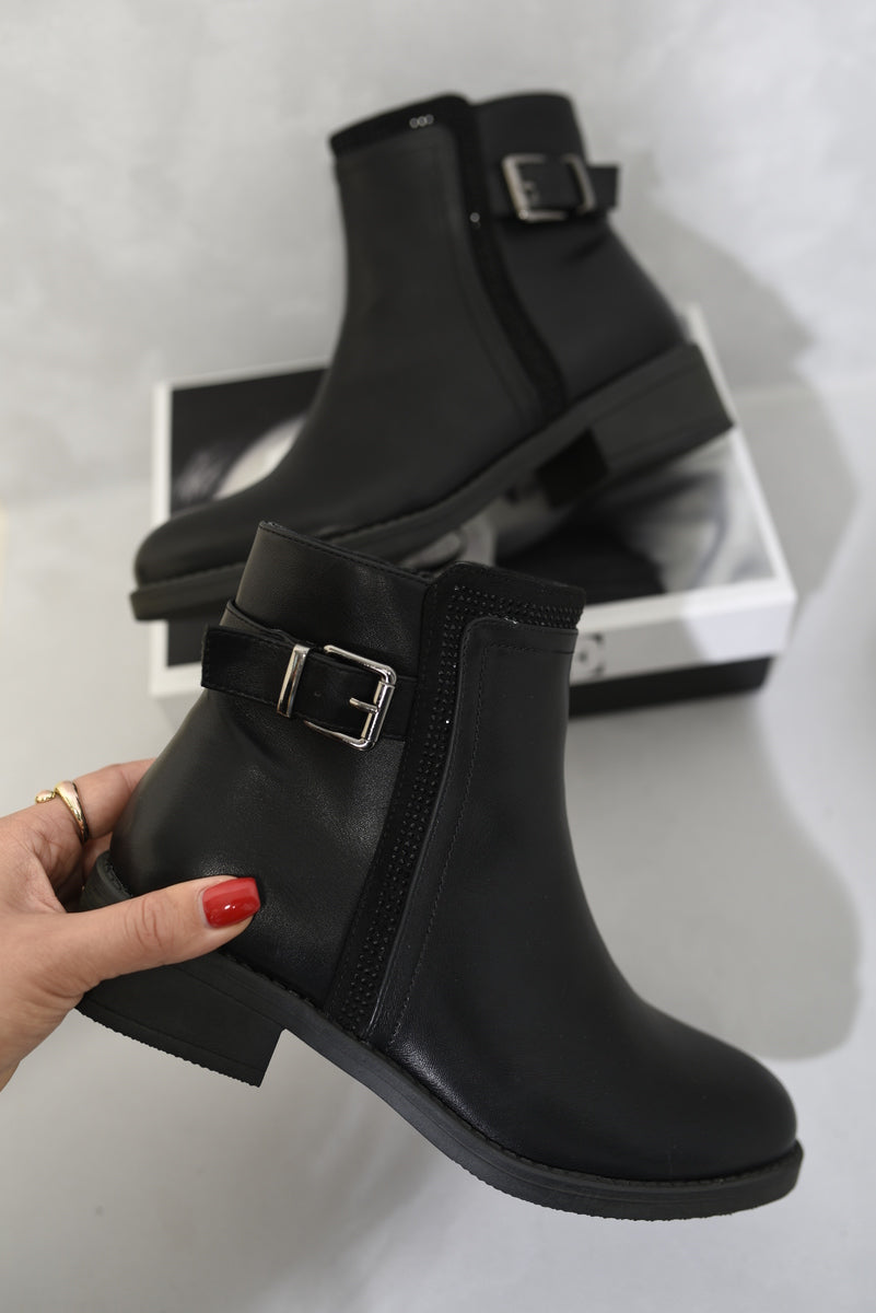 Round Toe Low Heel Ankle Buckle Boots