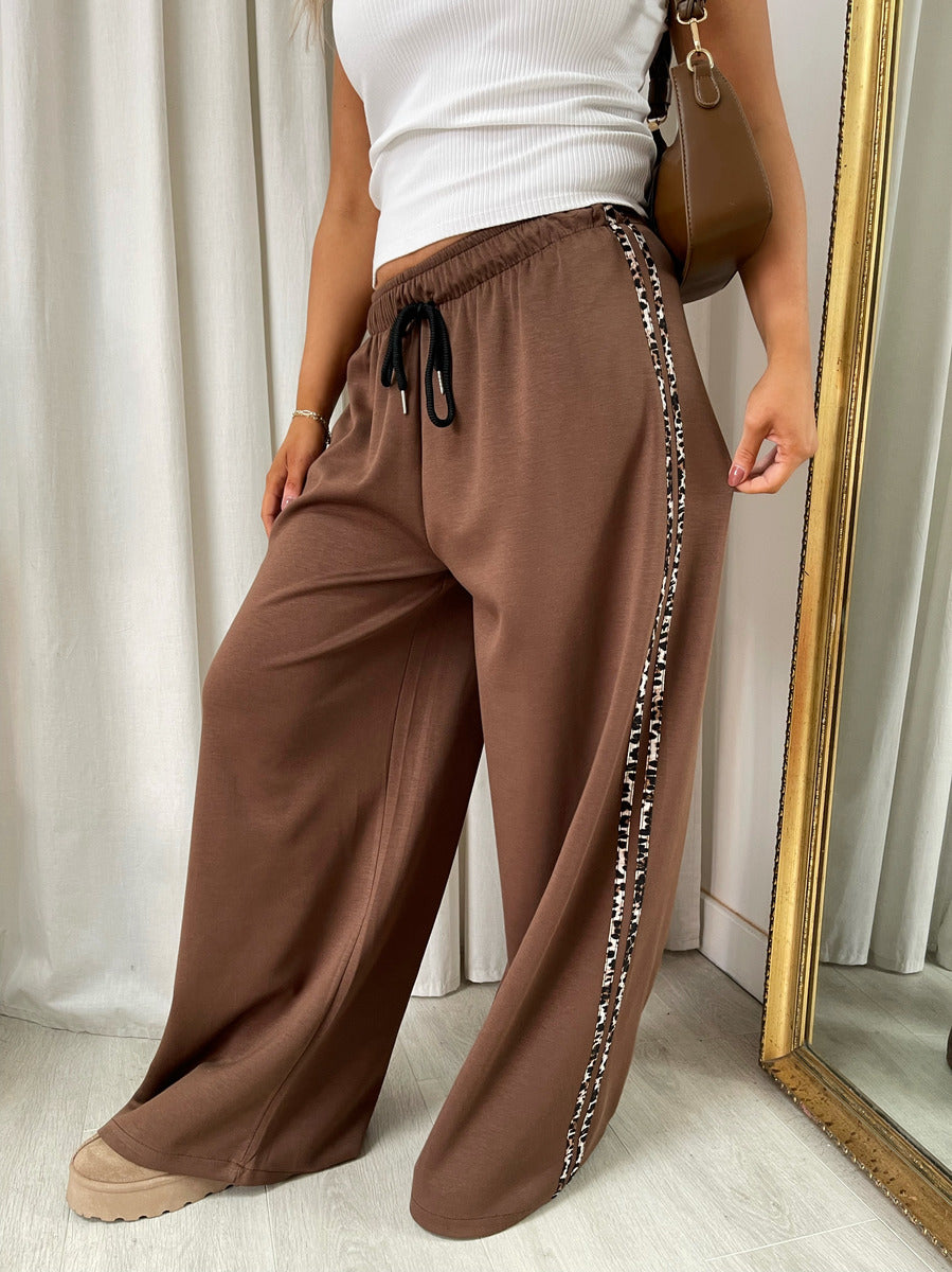 Wide Leg Lounge Trousers with Leopard Trim