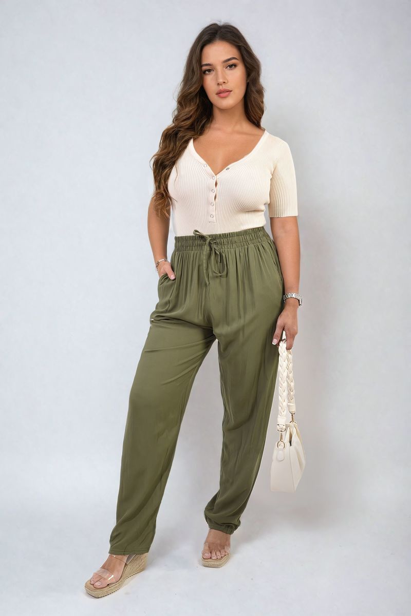 Drawstring High Waist Trouser with Side Pockets Moda