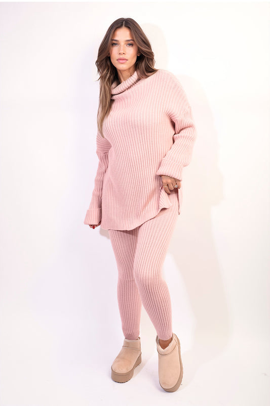 Chunky Knitted High Roll Neck Top Bottom Co-ord Set Moda