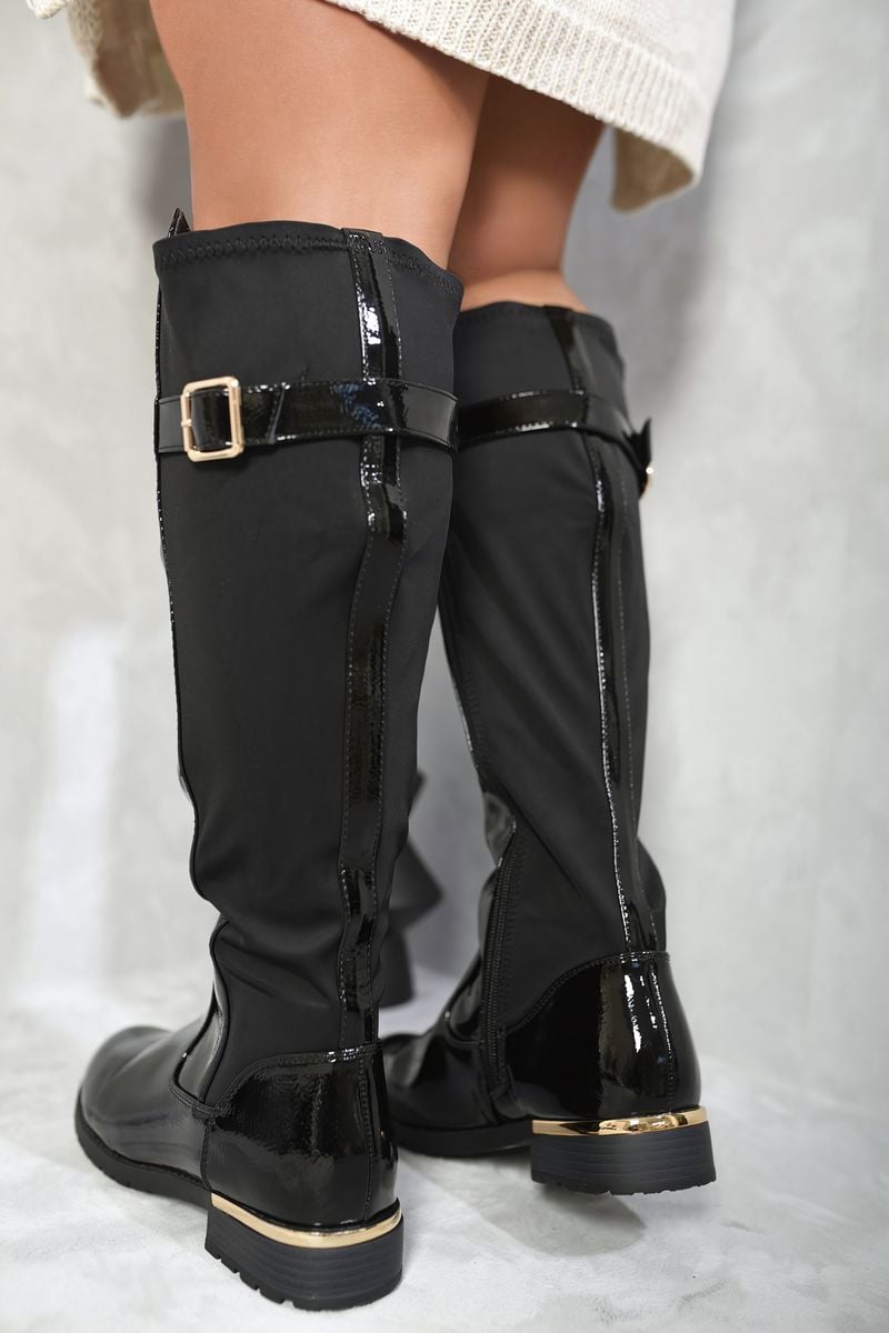 Gold Detail Buckle Knee High Boots