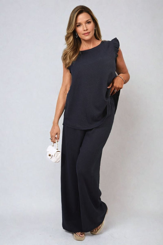 Ruffle Trim Top and Wide Leg Trouser Co-ord Set Moda