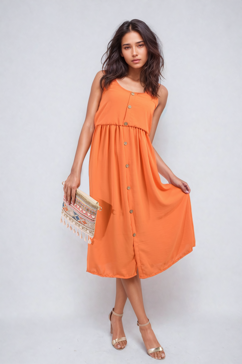 Button Front Strappy Midi Dress Moda