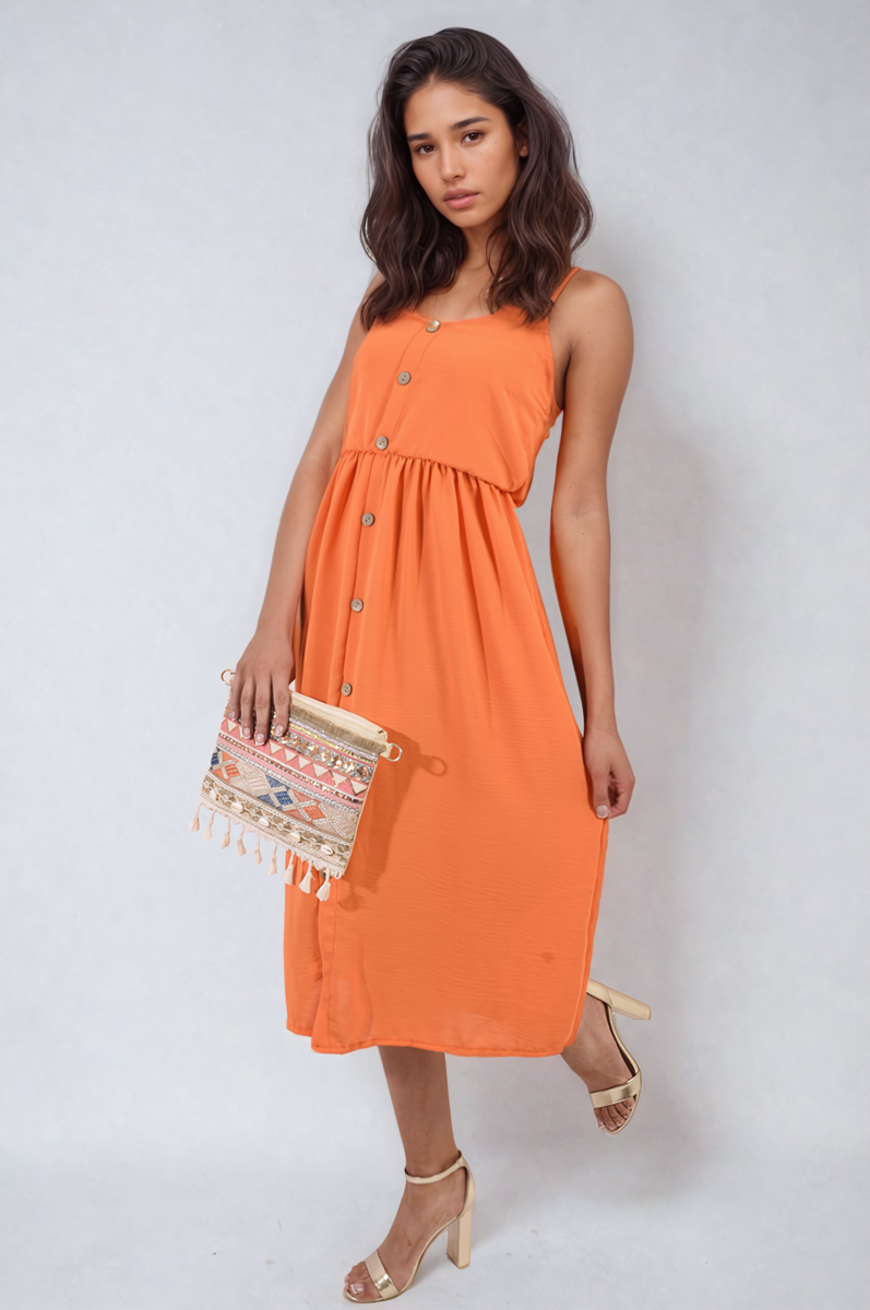 Button Front Strappy Midi Dress Moda