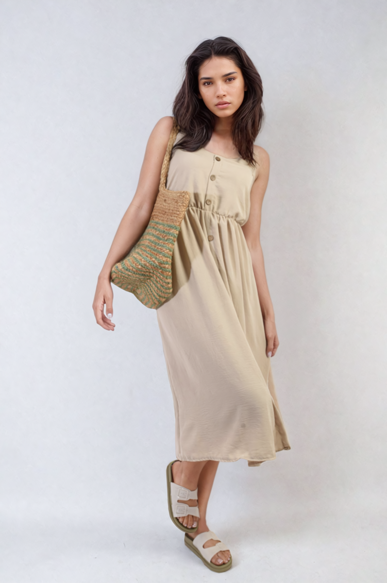 Button Front Strappy Midi Dress Moda