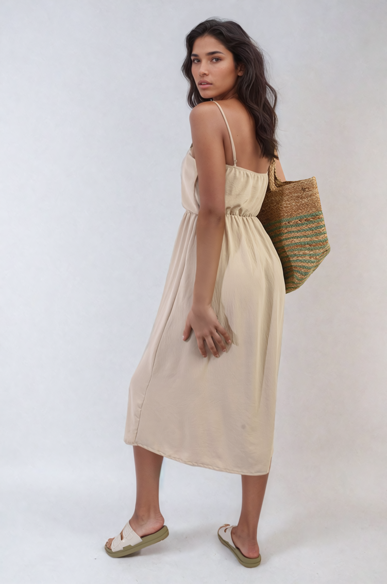 Button Front Strappy Midi Dress Moda