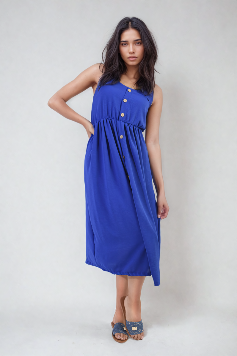 Button Front Strappy Midi Dress Moda