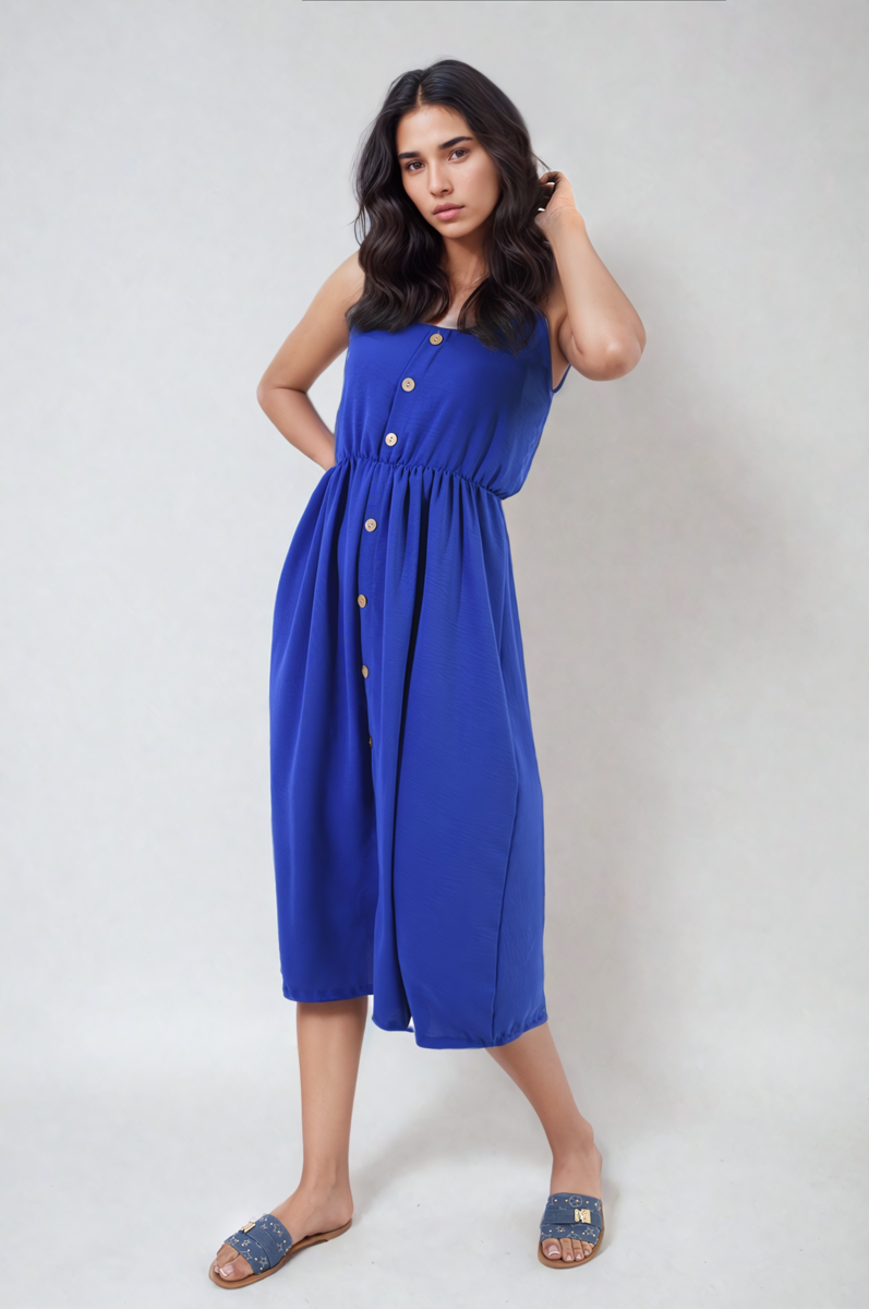 Button Front Strappy Midi Dress Moda