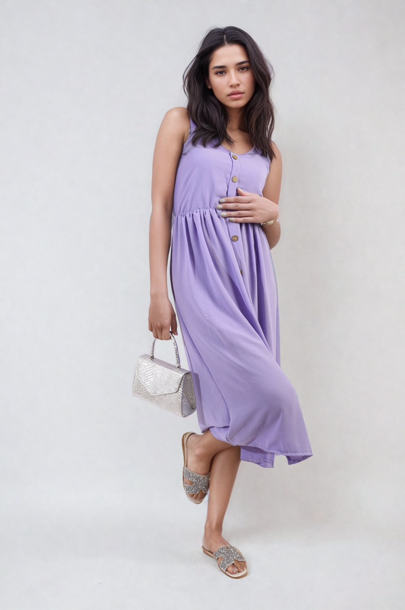 Button Front Strappy Midi Dress Moda