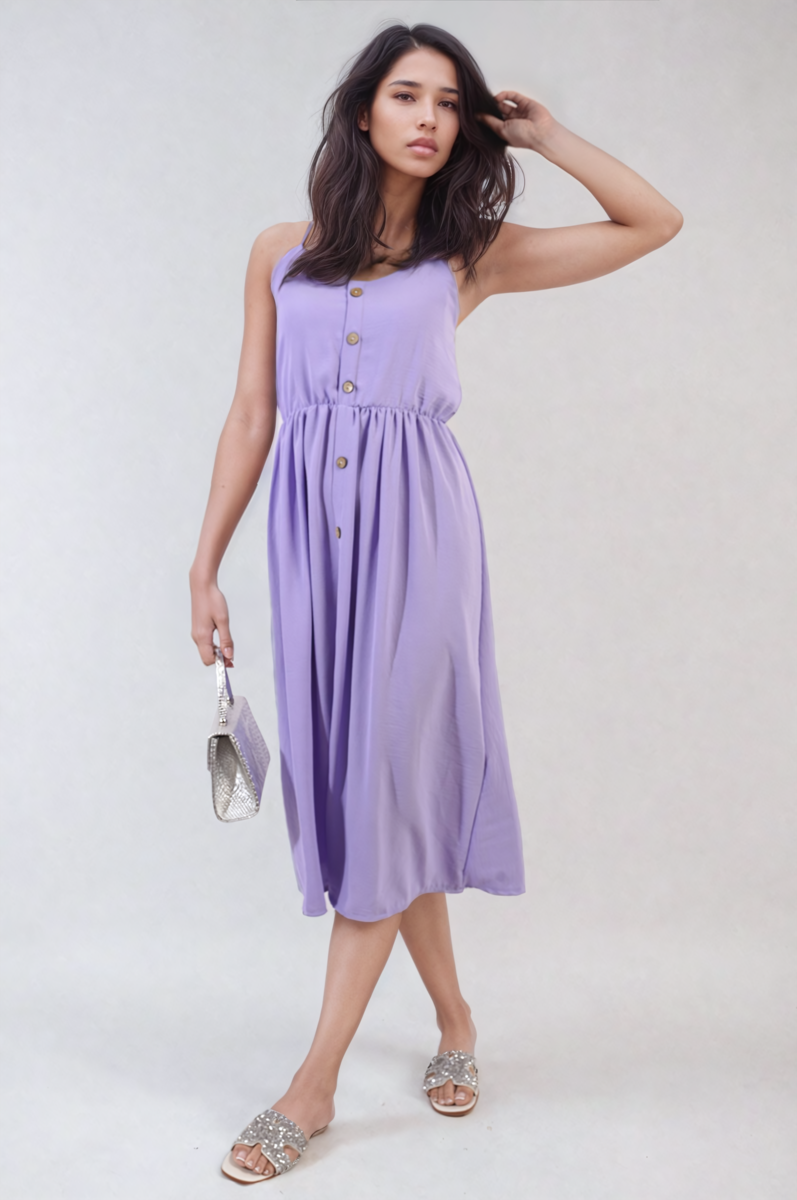 Button Front Strappy Midi Dress Moda