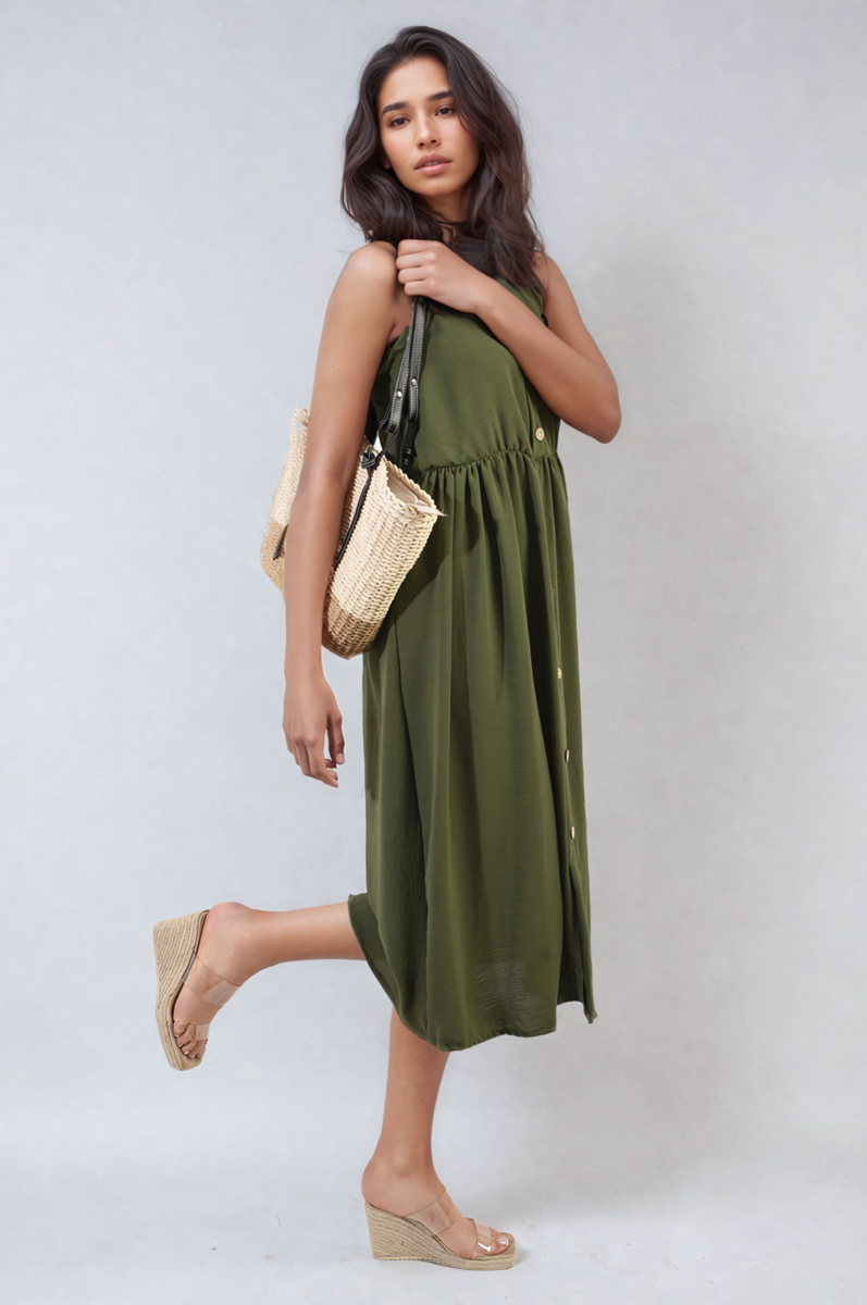 Button Front Strappy Midi Dress Moda