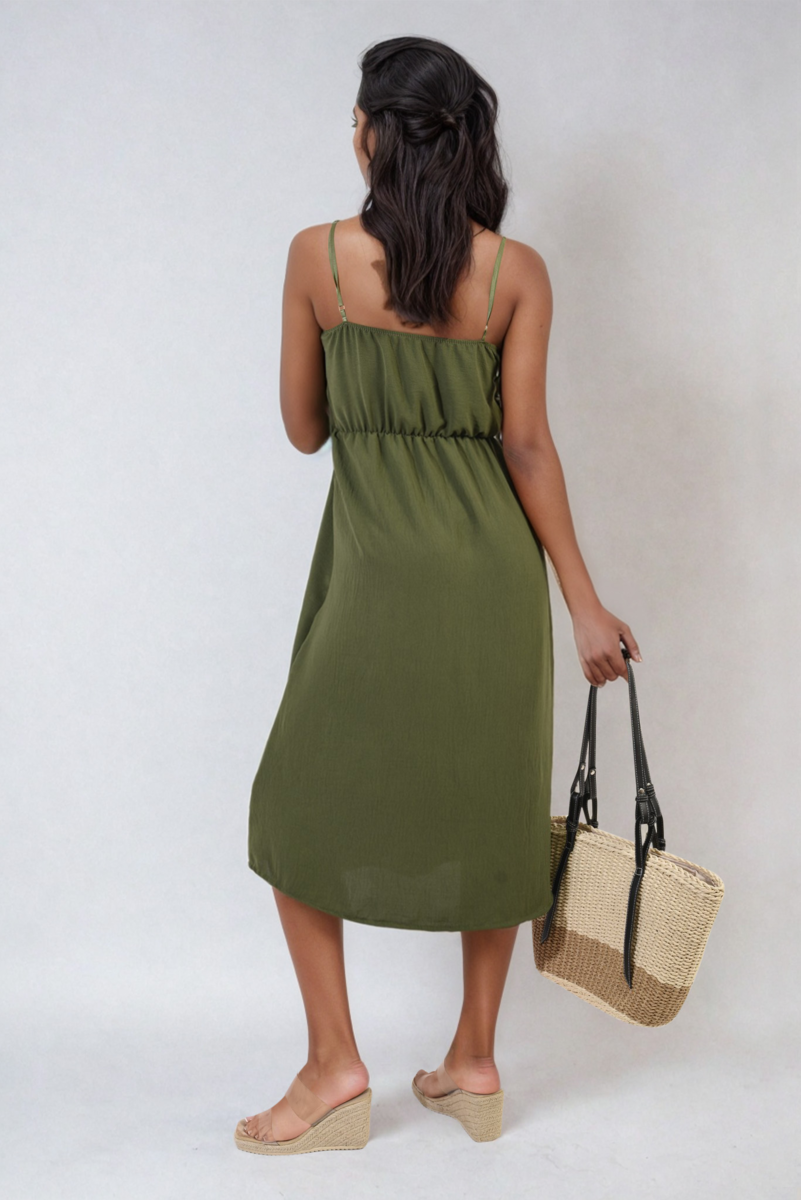 Button Front Strappy Midi Dress Moda