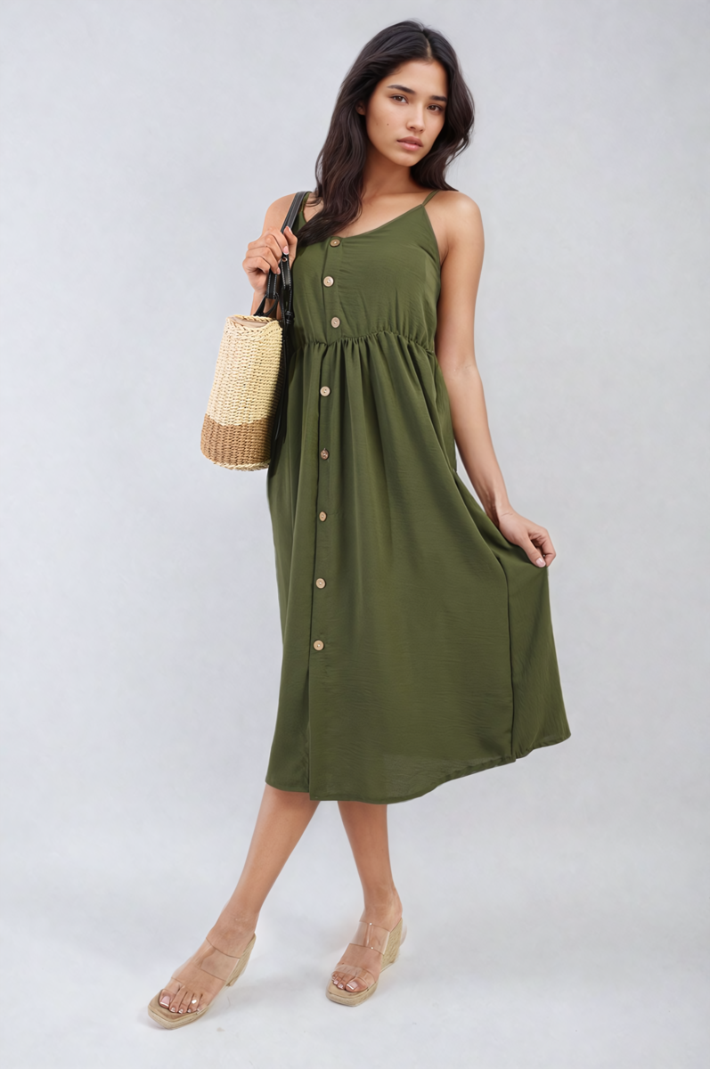 Button Front Strappy Midi Dress Moda