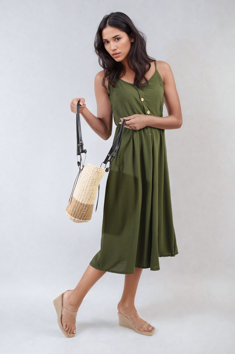 Button Front Strappy Midi Dress Moda