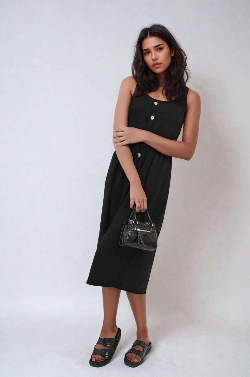 Button Front Strappy Midi Dress Moda