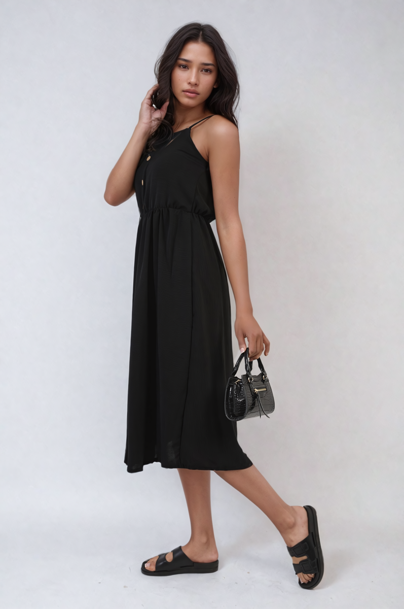 Button Front Strappy Midi Dress Moda