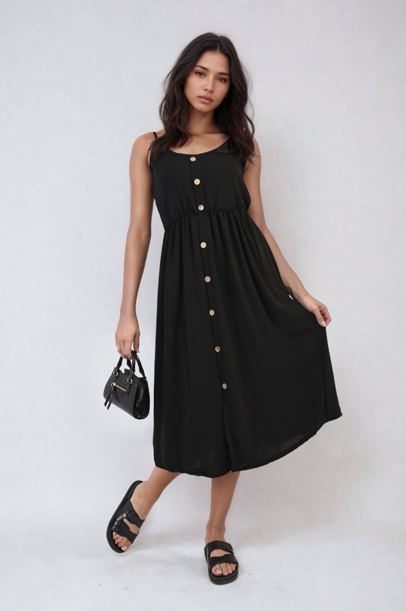 Button Front Strappy Midi Dress Moda