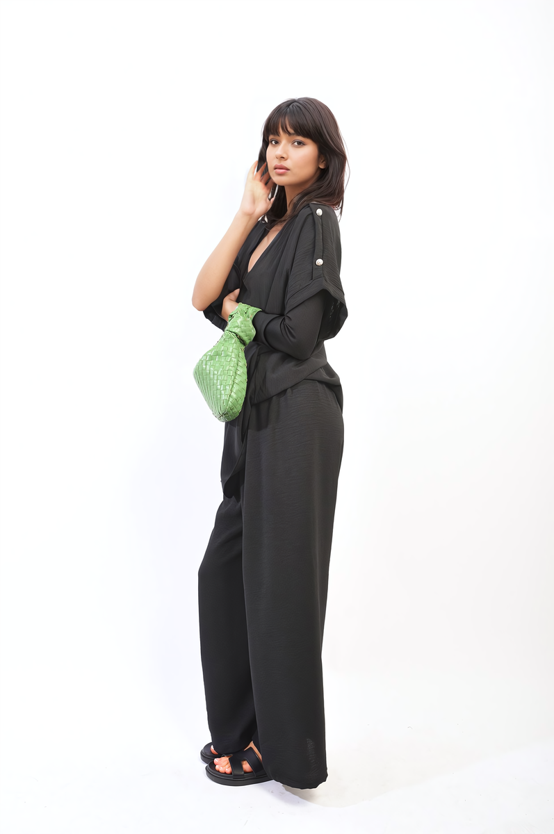 Button Detail V Neck Loose Top and Wide Leg Trouser Co-ord Set Moda