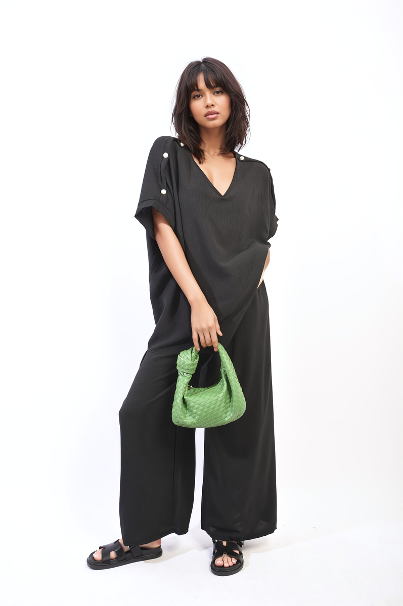 Button Detail V Neck Loose Top and Wide Leg Trouser Co-ord Set Moda