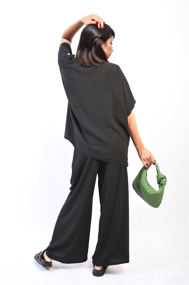 Button Detail V Neck Loose Top and Wide Leg Trouser Co-ord Set Moda