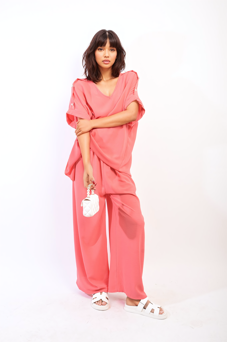 Button Detail V Neck Loose Top and Wide Leg Trouser Co-ord Set Moda