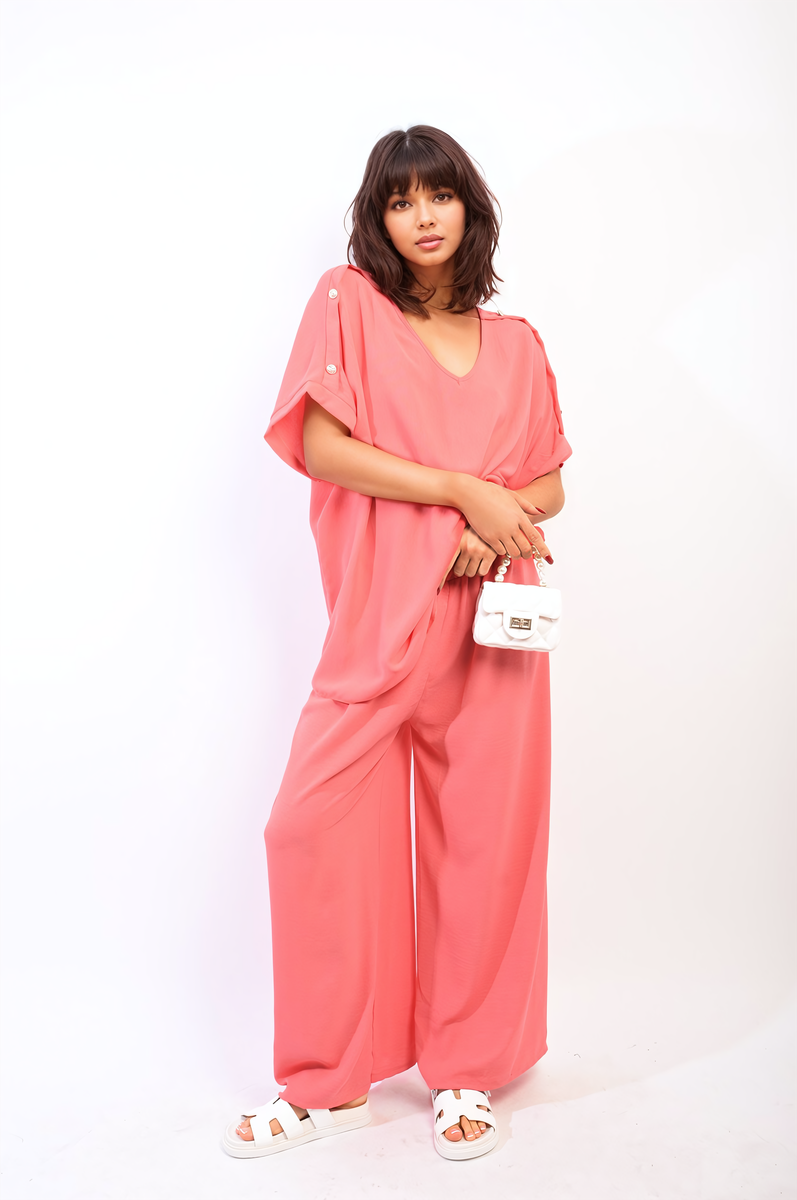 Button Detail V Neck Loose Top and Wide Leg Trouser Co-ord Set Moda