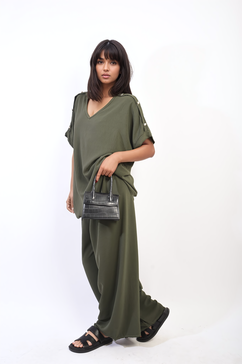 Button Detail V Neck Loose Top and Wide Leg Trouser Co-ord Set Moda