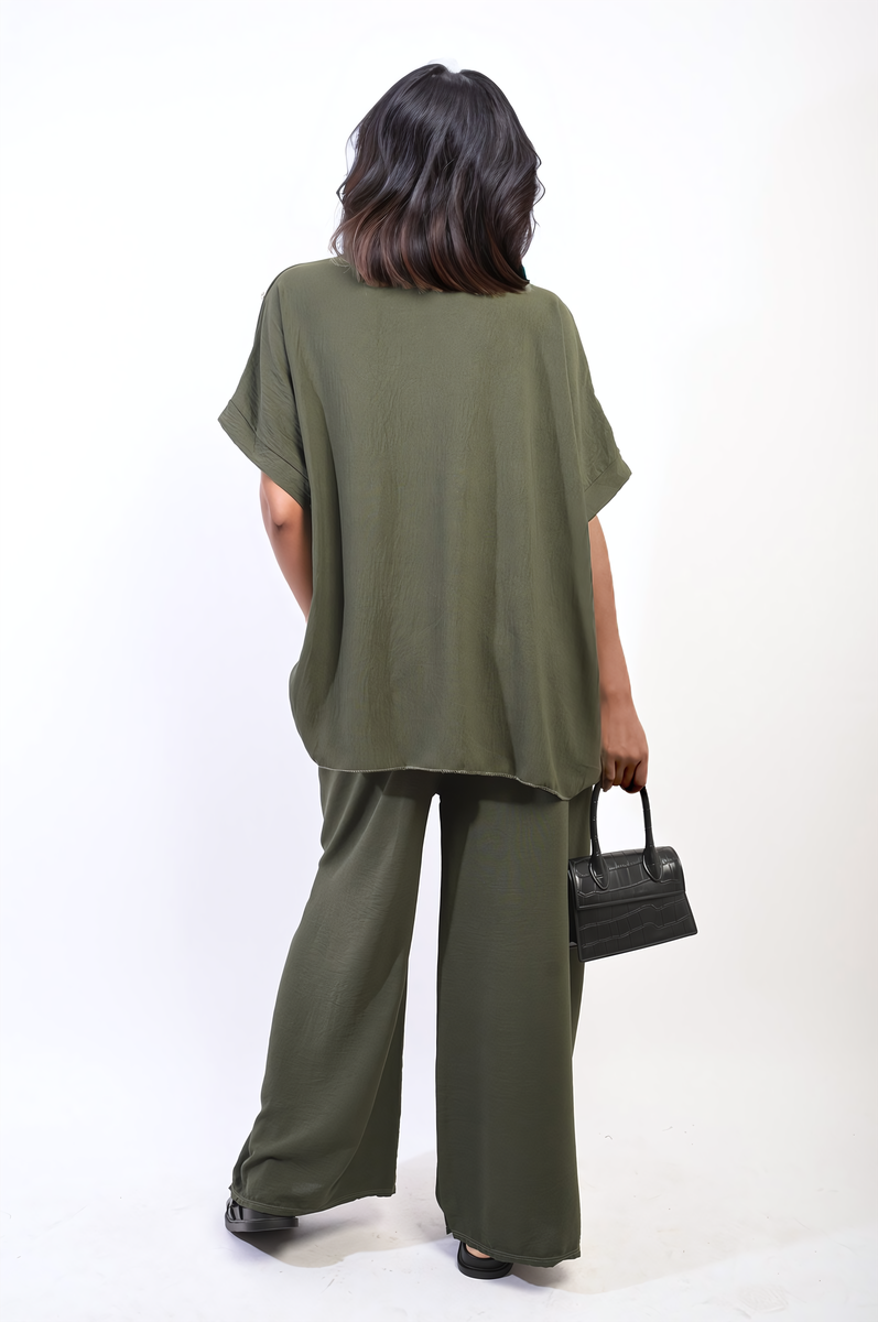 Button Detail V Neck Loose Top and Wide Leg Trouser Co-ord Set Moda