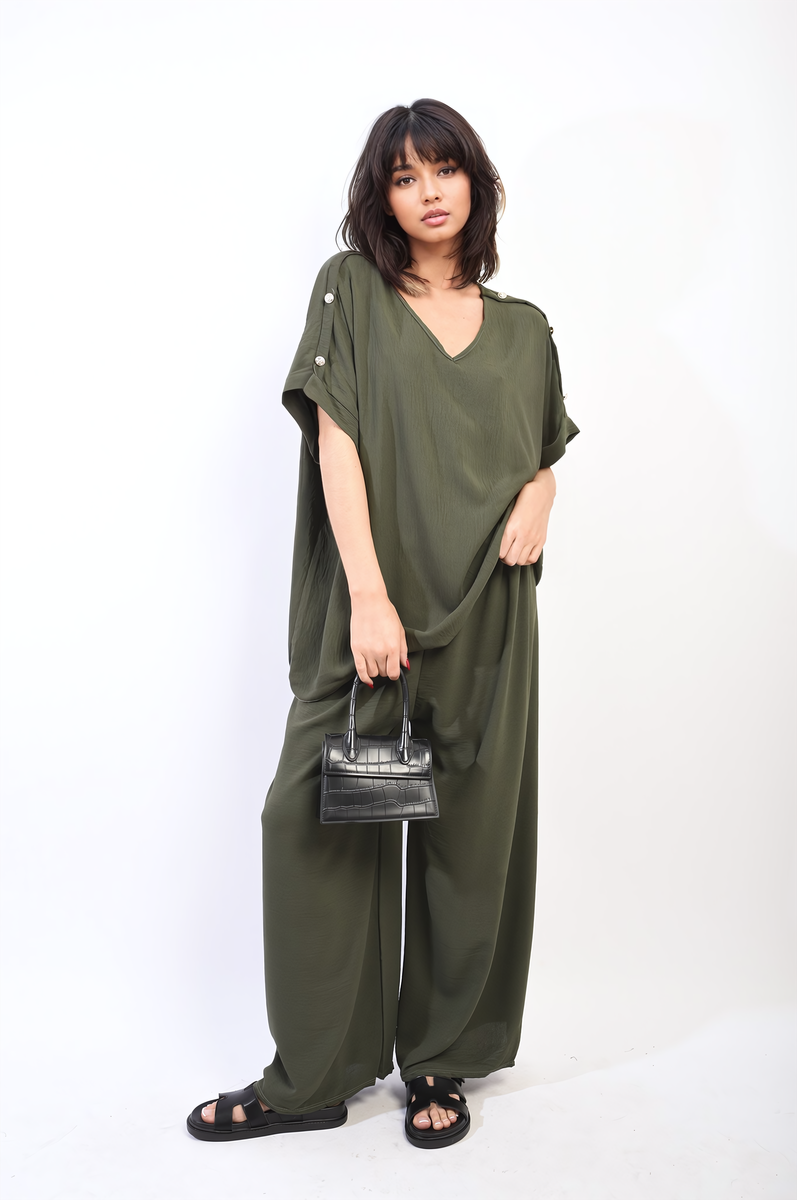 Button Detail V Neck Loose Top and Wide Leg Trouser Co-ord Set Moda