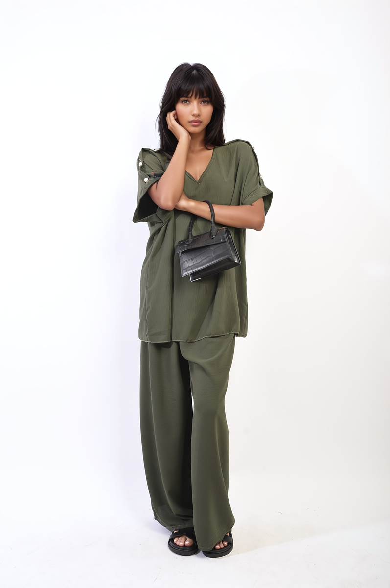 Button Detail V Neck Loose Top and Wide Leg Trouser Co-ord Set Moda