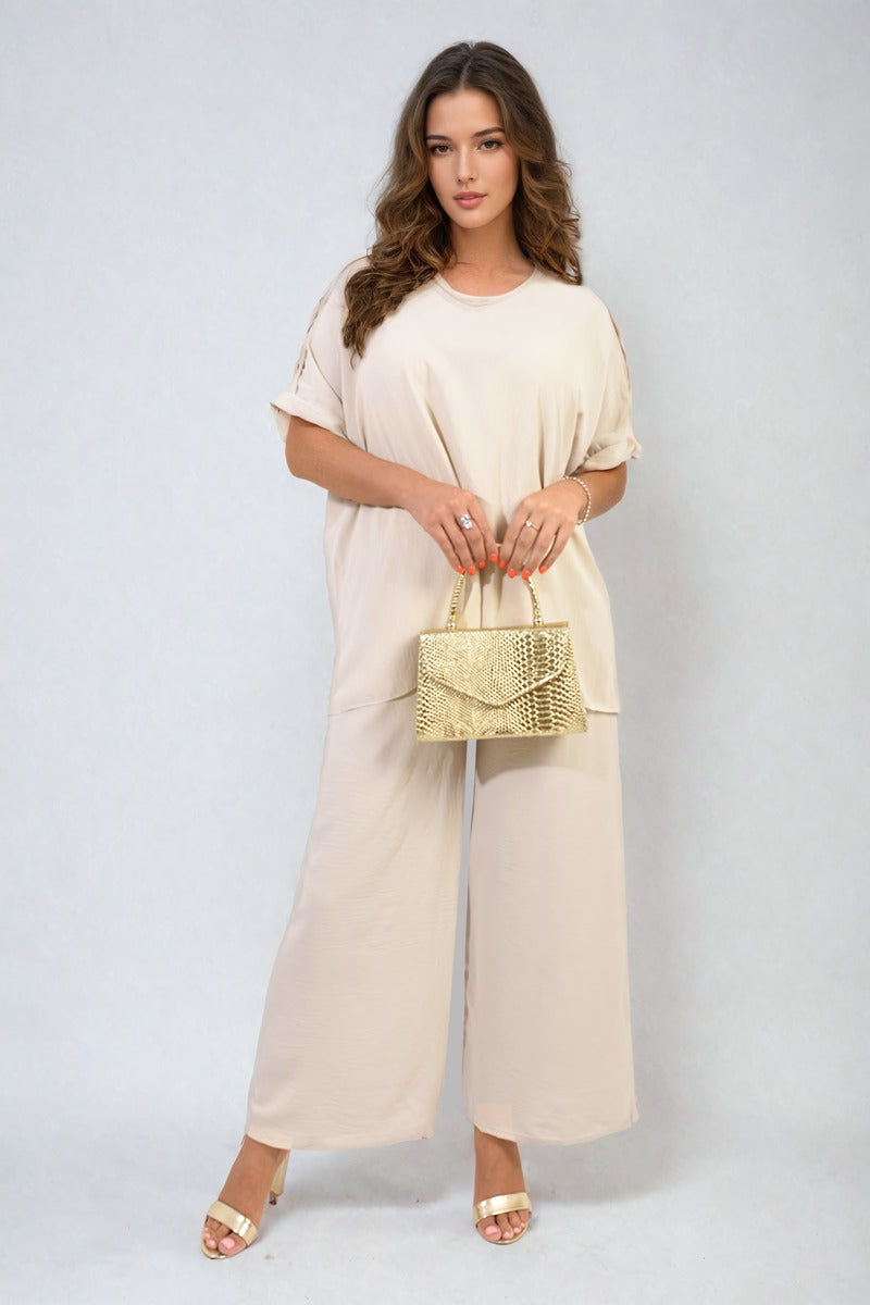 Button Detail V Neck Loose Top and Wide Leg Trouser Co-ord Set Moda